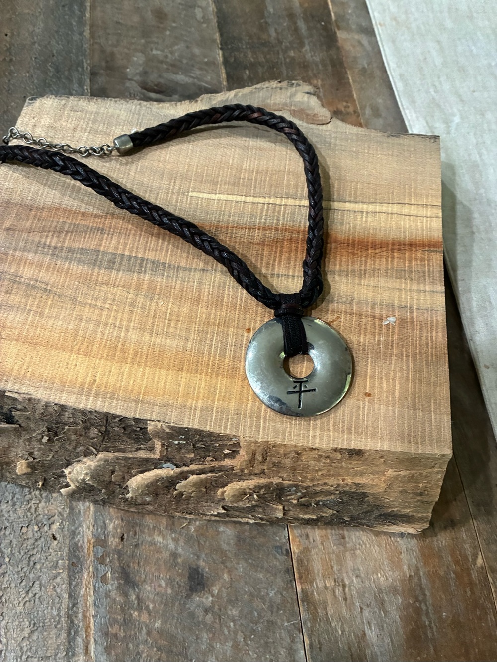 Black Braided Cord Necklace with Silver-Tone Round Peace Pendant